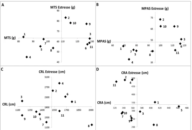 Figura  1:  Dispersão  das  médias  de  11  genótipos  de  cana-de-açúcar  avaliados  para  as  características relacionadas ao estresse de Al, em ambiente com condições normais (Eixo X) e  com estresse  de  Al (Eixo Y)