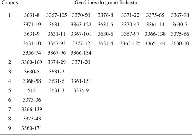 Tabela  8.  Agrupamento,  pelo  método  de  Tocher,  de  46  genótipos  do  grupo  Robusta  pertencentes  ao  Banco  de  Germoplasma  de  Coffea  canephora  da  EPAMIG/UFV,  com  base  na  dissimilaridade  expressa  pela  distância  genética  de  Mahalanob