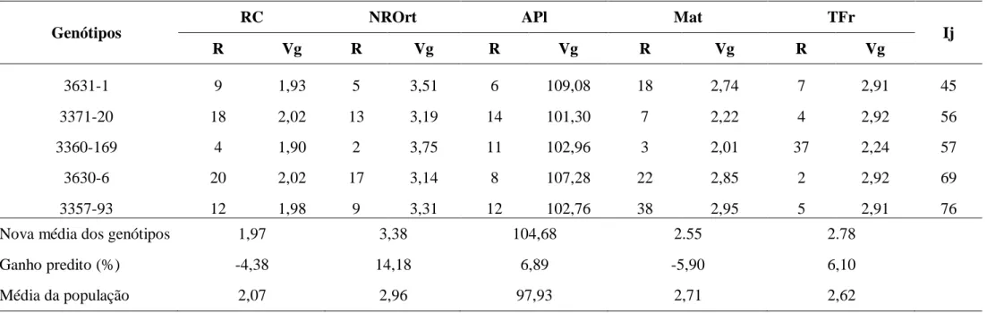 Tabela 9. Valores genotípicos preditos (Vg), classificação (R) de cinco genótipos do grupo Robusta e valores relativos ao índice de Mulamba e Mock  (1978) (Ij), reação à cercóspora (RC), número de ramos ortotrópicos (NROrt), altura das plantas (APl), matur