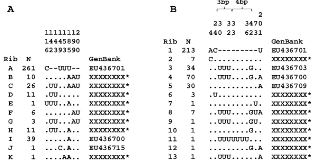 Figure 1.  Sequence alignment of the variable sites in ITS1 (A) and ITS2 (B) of  Phakopsora  pachyrhizi 