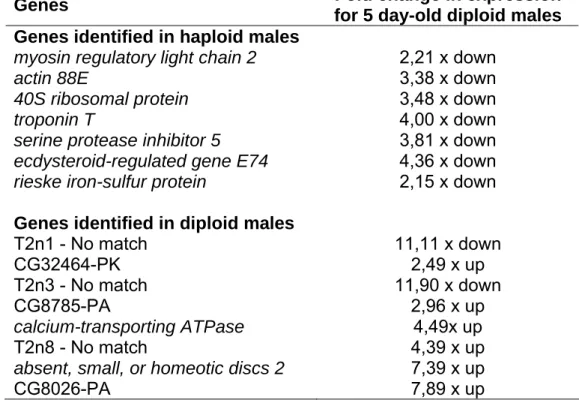 Table 2 - Pairwise comparisons for gene expression levels in 5 day-old  haploid males against newly emerged haploid ones