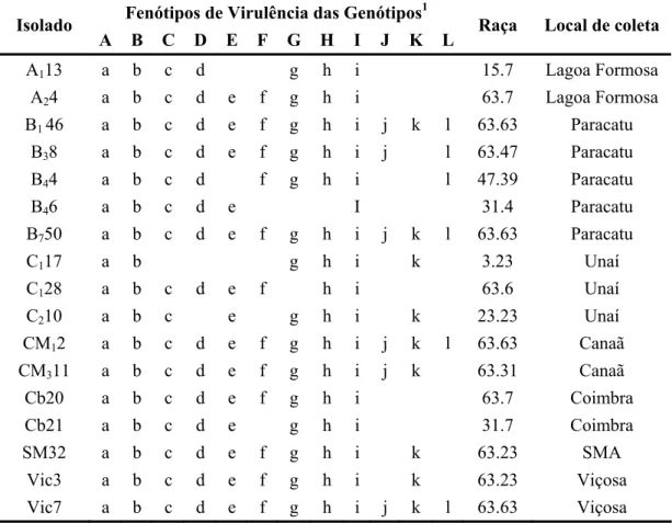 Tabela 4.  Isolados de P. griseola coletados em diferentes localidades do estado de  Minas Gerais 