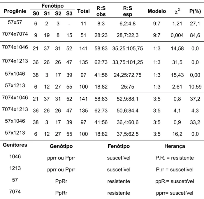 Tabela 3 – Segregação da resistência em progênies de eucalipto inoculadas  com  Puccinia psidii, avaliadas aos 20 dias após a inoculação,  assumindo que a resistência, dos clones 57 e 7074, como  oligogênica conferida por dois genes dominantes e  complemen