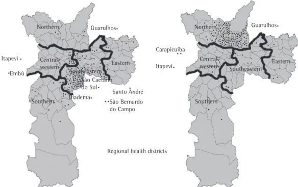 Figure 1 - District of residence of patients with tuberculosis under outpatient treatment only in primary health  care clinics located in the southeastern and northern regional health districts, city of São Paulo, Brazil, 2007.