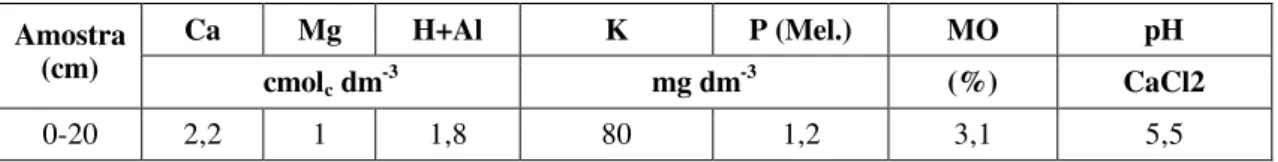 Tabela 1 – Resultado da análise química de solo da área do experimento. Gurupi-TO, 2004  Ca  Mg  H+Al  K  P (Mel.)  MO  pH  Amostra  (cm)  cmol c  dm -3 mg dm -3 (%)  CaCl2  0-20  2,2  1  1,8  80  1,2  3,1  5,5  C 901, DKB 350, P 3041, P 30F88, Z 8410, Z 8