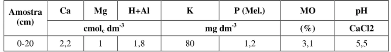 Tabela 1 – Resultado da análise química de solo da área do experimento. Gurupi-TO, 2004  Ca  Mg  H+Al  K  P (Mel.)  MO  pH  Amostra  (cm)  cmol c  dm -3 mg dm -3 (%)  CaCl2  0-20  2,2  1  1,8  80  1,2  3,1  5,5 