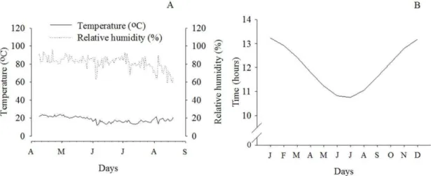 Figure 1. Average relative air humidity (%) and average temperature (°C) during  production of campanula potted (A) and natural photoperiod in cultivate area in Viçosa,  MG