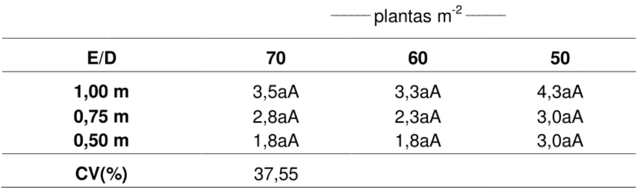 Tabela  15  –  Estande  de  Brachiaria  brizantha  (cv.  Marandu)  aos  90  DAP  em  função  de  espaçamento  (E)  e  densidade  de  plantas  de  milho  (Dx1000 pl