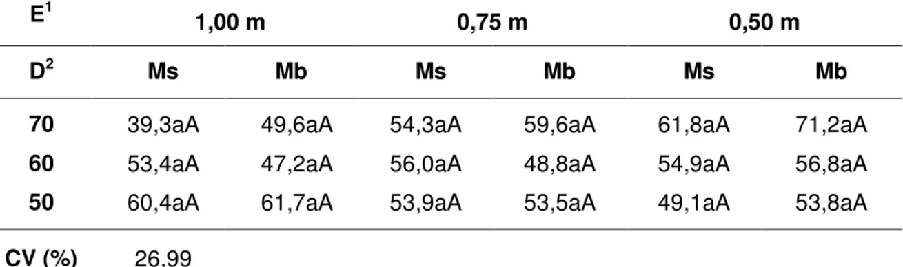 Tabela 8  – Matéria seca de plantas de milho aos 60 DAP (g planta -1 ), em função  de  densidades de plantio, espaçamento e sistemas de cultivo (milho  solteiro  – Ms e consorciado com braquiária – Mb) 