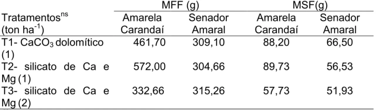 Tabela 3.  Matéria fresca (MFF) e matéria seca da parte aérea (MSF) das  cultivares ‗Amarela de Carandaí‘ e ‗Senador Amaral‘ 