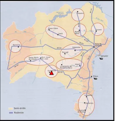 FIGURA 1.  Pólos de irrigação da Bahia, com destaque para o Pólo de Guanambi  (Perímetros Irrigados de Ceraíma e Estreito)