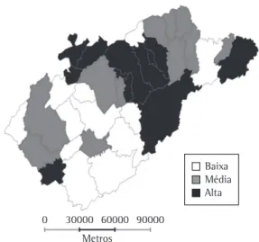 Figura  3  -  Distribuição  dos  municípios  do  Vale  do  Paraíba  (SP),  segundo  prioridade  de  intervenção,  segundo o número de internações por pneumonia em  menores de um ano de idade.