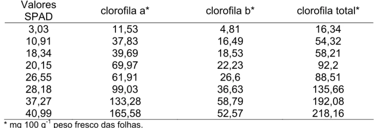 Tabela 3 – Valores médios das leituras SPAD, teores de clorofila a, clorofila b e  clorofila total de folhas de salsinha lisa ‘Graúda Portuguesa’ em oito  níveis de coloração das folhas