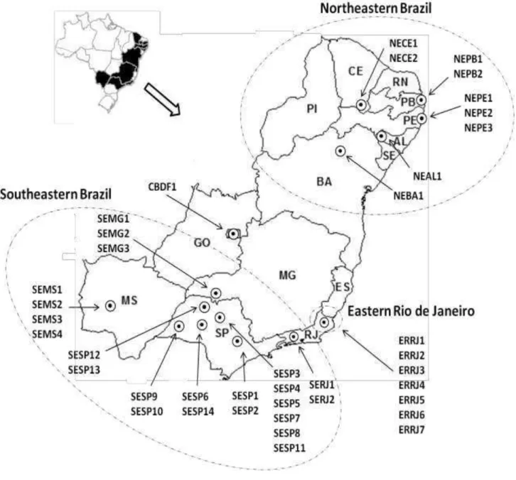 Fig 1. Map of Brazil showing geographic distribution of the 40 sites where Ceratocystis fimbriata 2 