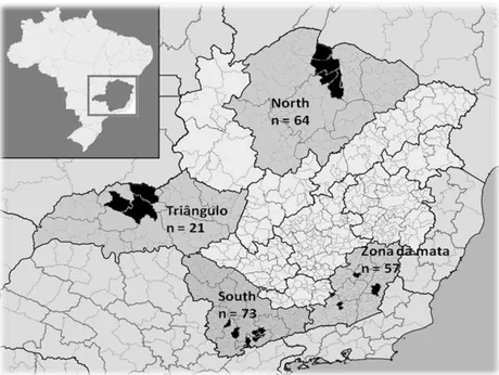 Figure 1. Map of Minas Gerais showing the municipalities where fields were sampled (black) 