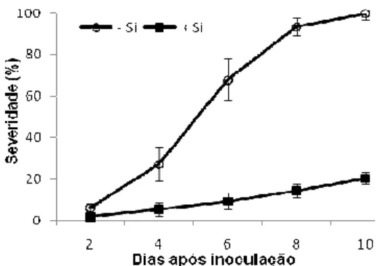 Figura 1. Progresso da antracnose nas folhas de plantas de sorgo cultivadas em  solução  nutritiva  sem  (-Si)  ou  com  (+Si)  a  presença  de  silício