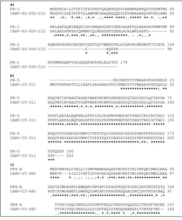 Figura 3. Alinhamento pelo programa ClustalW2 das sequências deduzidas de  aminoácidos do produto da tradução dos possíveis genes de  Coffea arabica