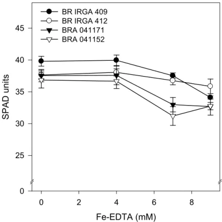 Figure  2:  Changes  in  chlorophyll  content  index  (SPAD  units)  in  leaves  of  four  rice genotypes treated with Fe%EDTA in nutrient solution