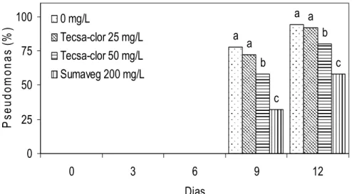 Figura 2. Incidência de  Pseudomonas  sp. (%), em mandioca minimamente  processada, cv
