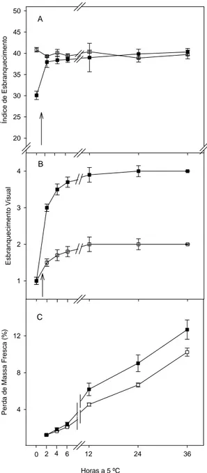 Figura 1. Índice de esbranquecimento (A) esbranquecimento visual (B) e perda de  massa fresca (C) de cenoura inteira (   ) e minicenouras (   ) mantidas por 36 horas, sem  embalagem, a 5 ºC e UR de 90 ± 5 %