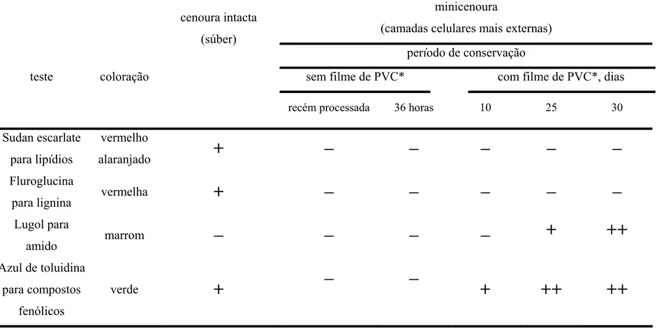 Tabela 1. Testes histoquímicos aplicados em cenouras intactas e minicenouras sob diferentes períodos de conservação, a 5 ºC e 90 ± 5 % UR