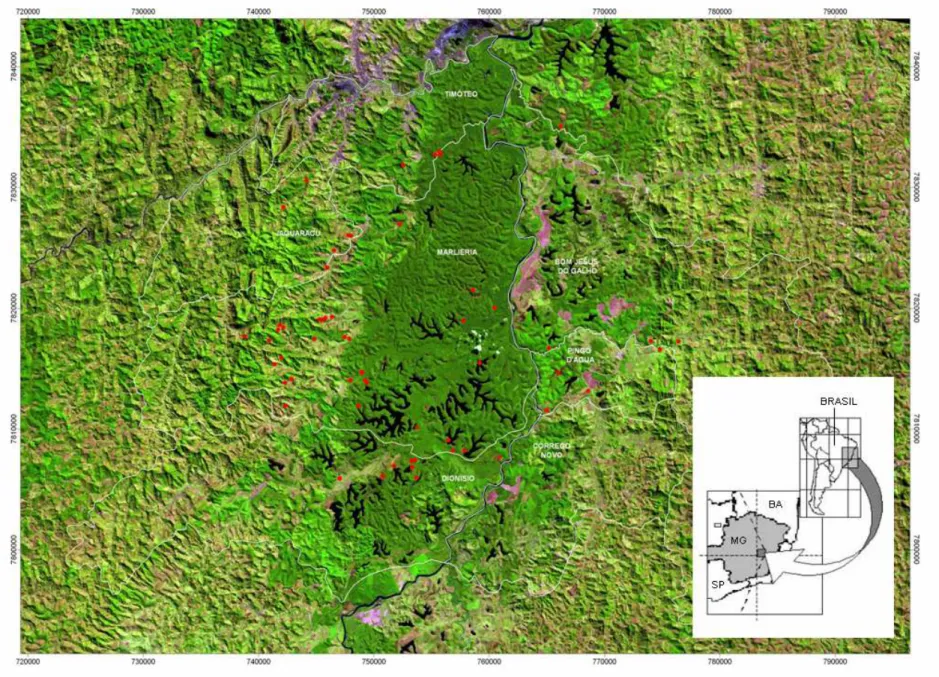 Fig. 1 – Pontos amostrados, assinalados em vermelho, no Parque Estadual do Rio Doce e arredores, MG, Brasil