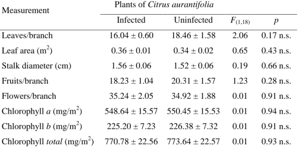Table  1.  Mean  ±  SE  of  the  morphological  and  physiological  characteristics  in  phytoplasma-infected and uninfected plants of Citrus aurantifolia