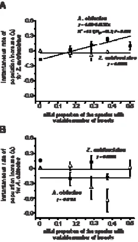 Fig. 2. Instantaneous rate of population increase (ri) of Z. subfasciatus (A) and A.  obtectus (B) after three experiments, each lasting 42 days (one generation), involving  competition between A
