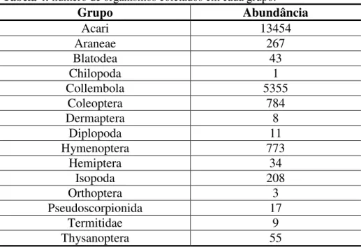 Tabela 4: número de organismos coletados em cada grupo. 