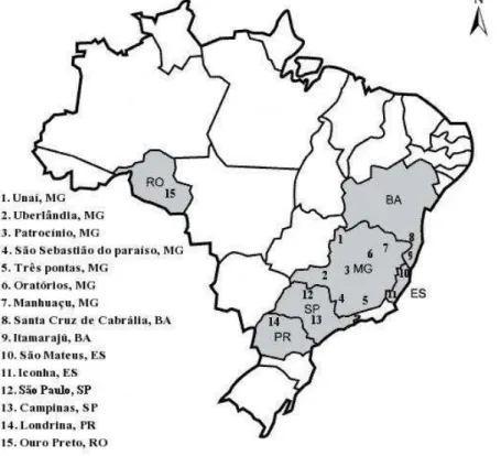 Figure  1.  Map  showing  the  locations  of  the  15  studied  populations  of  Hypothenemus hampei  in Brazil (Bahia,  BA; Minas  Gerais,  MG;  Espirito Santo,  ES; São Paulo, SP; Paraná, PR; Rondônia, RO)