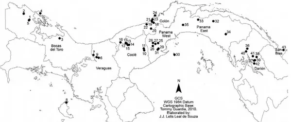 Fig. 1: geographical distribution of locations (see Table I) sampled of phlebotomine sandflies, vectors of American cutaneous leishmaniasis  in Panama.