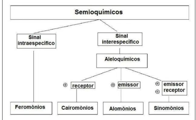 Figura 2: Classificação dos compostos químicos (semioquímicos) mediadores das interações  entre  os  organismos,  de  acordo  com  o  efeito  sobre  os  organismos  envolvidos