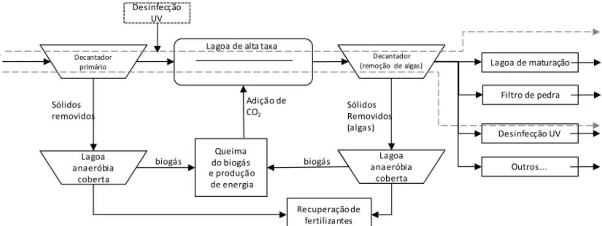 Figura 6.1 – Diagrama esquemático conceitual de sistema de LAT utilizado no  tratamento de água residuária e na produção de biomassa algal para obtenção  de energia