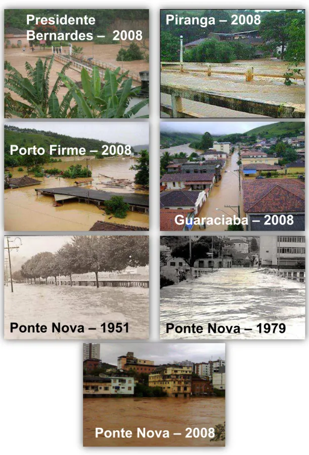 Figura  (I)  2  –  Registros  fotográficos  de  inundação  em  algumas  cidades  localizadas  na  BHrP  e 