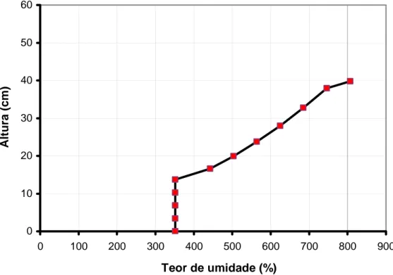 Figura 4.5 – Distribuição de teor de umidade na coluna para t = 200 minutos. 