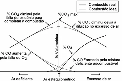 Figura 1. Gases da combustão ideal e real em função do excesso de ar (PINHEIRO  e VALE, 1995)