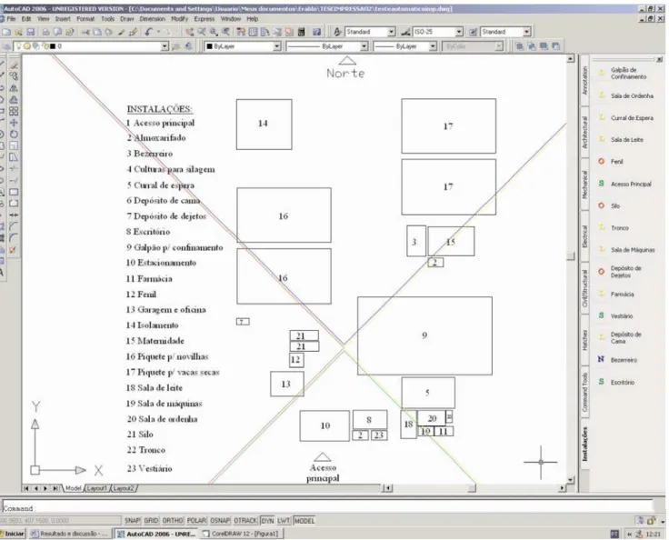 Figura 24: Área de trabalho do AutoCAD, com janela de locação e proposta de arranjo físico orientado pelo módulo automático.
