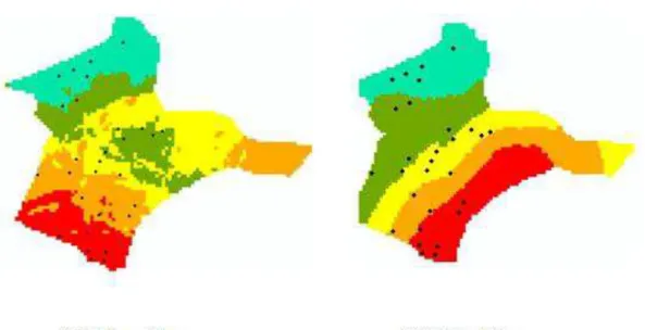 Figura  10:  Mapas  de  Classes  de  Índices  de  Vegetação  do  SAVI  Hiperespectral na sua 3ª amostra e do GSAVI Multiespectral na 3ª amostra,  contendo 29 pontos de pesagem de cana-de-açúcar conhecida