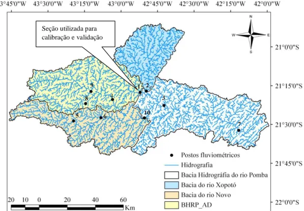 Figura 7.    Distribuição espacial dos postos fluviométricos e as bacias utilizadas para  validação (rios  Xopotó  e Novo)  e calibração e  validação (BHRP_AD)  do         modelo, com destaque para a seção de calibração e validação