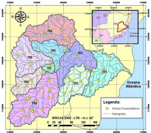 Figura 1  – Localização dos 61 postos de monitoramento fluviométrico selecionados na  bacia hidrográfica do rio Doce