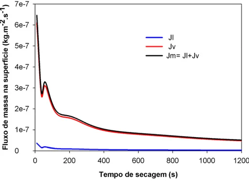 Figura 2.4. Fluxos de massa preditos na superfície do grão à temperatura de secagem  de 67,5˚C: Soluções numéricas com condição de contorno de Dirichlet e  coordenadas esféricas