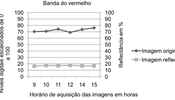 Figura  14.  Gráficodos  valores  dos  níveis  digitais  e  da  reflectância,  do  mesmo  alvo, em diferentes horários, para a banda do vermelho