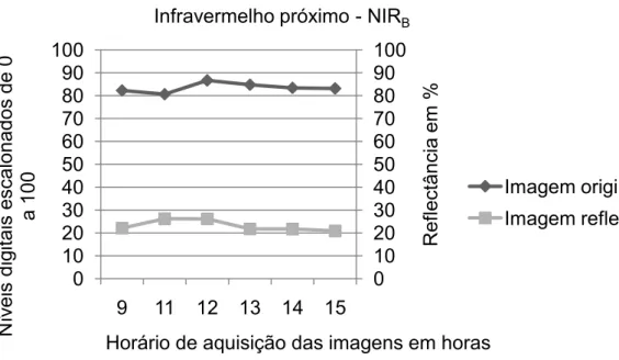 Figura 18. Gráfico dos valores dos níveis digitais e da reflectância, do mesmo  alvo,  em  diferentes  horários,  para  imagem  infravermelho  próximo  (NIR B )