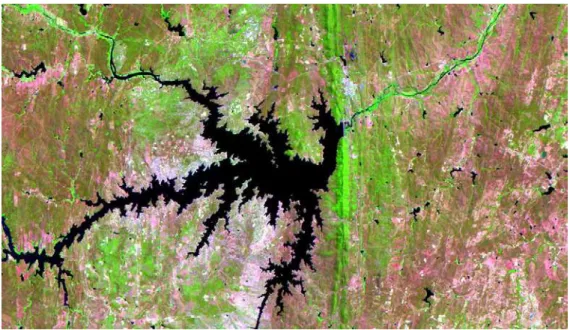 Figura  6  -  Parte  da  imagem  (217/064)  do  satélite  Landsat5,  na  composição  R5G4B3,  destacando o reservatório Banabuiú na cor preta