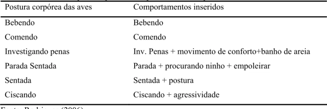 Tabela 1. Posturas corpóreas apresentadas pelas aves e comportamentos inseridos relacionados  