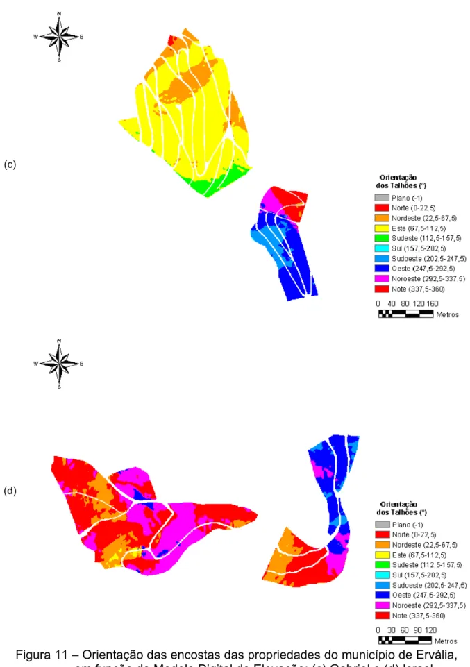 Figura 11 – Orientação das encostas das propriedades do município de Ervália,  em função do Modelo Digital de Elevação: (c) Gabriel e (d) Israel