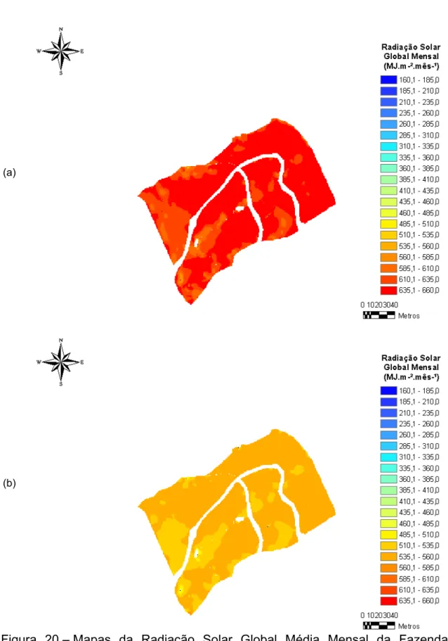 Figura 20 – Mapas da Radiação Solar Global Média Mensal da Fazenda  Roberto gerada para os meses de janeiro (a) e fevereiro (b) de  2005