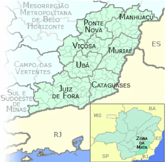 Figura 3. Localização da Zona da Mata do Estado de Minas Gerais  mostrando suas sete microrregiões