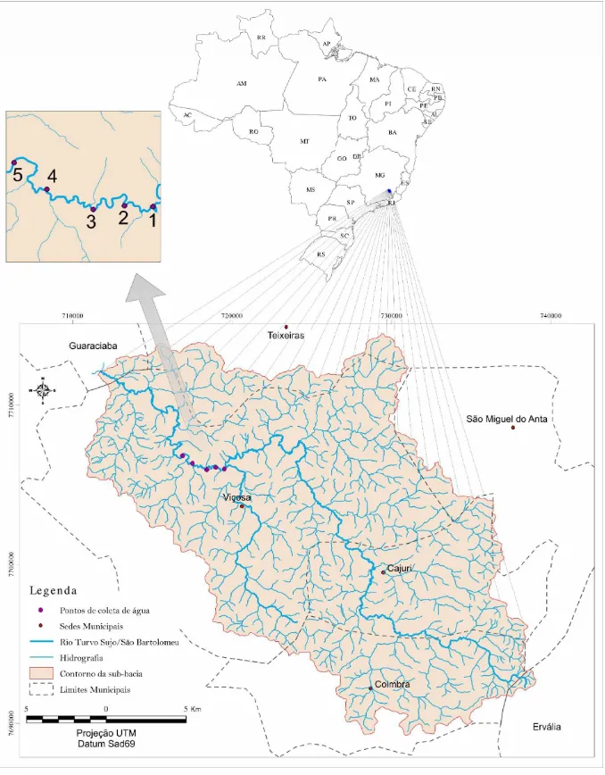 Figura 4. Localização dos pontos de coleta de água no rio Turvo Sujo. 