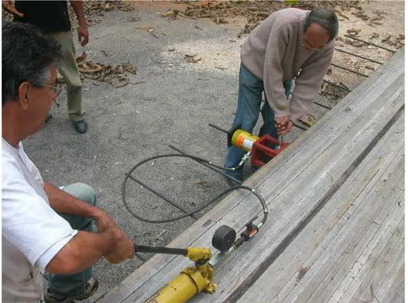 Figura 14 – Tensionamento das barras, vendo-se o cilindro hidráulico vazado e sua  bomba